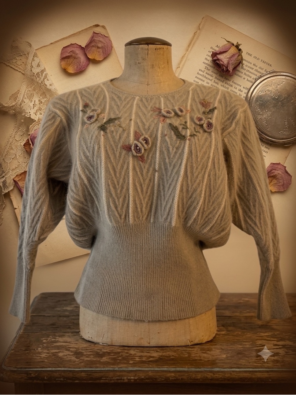 Vintage Floral Embroidered Cable Knit Scoop-Neck Sweater
